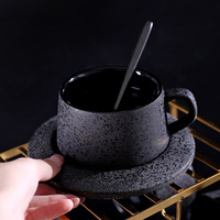 Ensemble de tasses à café en céramique noire émaillée mate rétro haut de gamme - Tasses et soucoupes portables en porcelaine pour le thé de l'après-midi et le petit-déjeuner