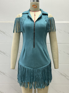 Wholesale New Arrival Y2K Retro Western <strong>Cowgirl</strong> Suede Fringe Off-shoulder Solid Color <strong>Dress</strong> Slim Waist Mini <strong>Dress</strong> for Hot Girls - Product Image 6
