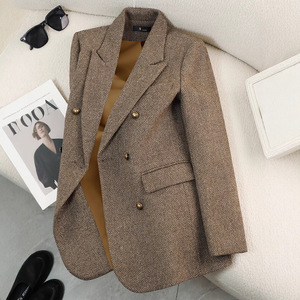 Women's Wool Blazer Gray Herringbone Pattern Double Breasted Loose Fit Casual Suit Jacket Plus Size Autumn Winter Style - Product Image 5