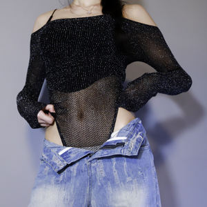 Femmes <span class=keywords><strong>paillettes</strong></span> sans manches fête Clubwear moulante sans bretelles à manches longues résille chemises ajustées hauts <span class=keywords><strong>body</strong></span> - Product Image 6