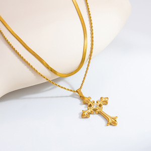 European American Style 18K Gold Plated <b>Cross</b> Pendant Double Layer Clavicle <b>Chain</b> Necklace With Diamond Inlay Gift Jewelry - Product Image 4