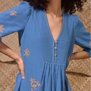 Vestido de Lino y Algodón Personalizable, Elegante, Cuello en V, Casual, Corte en A, Manga Corta, Midi, Verano, para Mujer - Product Image 5