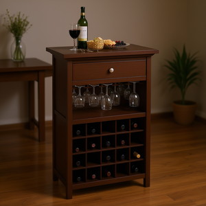 Meuble à vin en bois, ensemble de service pour boissons 1,5 L, design classique, étagère de rangement avec porte-verres et tiroir pour bar à domicile - Product Image 2