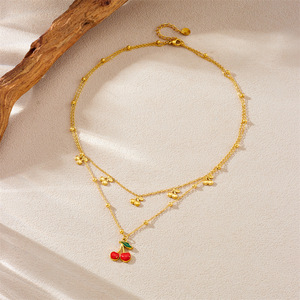 Fashion Layered Double Chain Cherry Pendant Stainless Steel Clavicle Necklace Gift Jewelry - Product Image 3