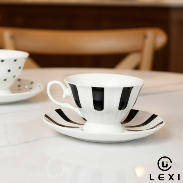 Lexi Brand Black White Dot Stripes Classic Ceramic Porcelain Coffee Tea Cups Saucers Sets 250ml Customized Box Logo Business