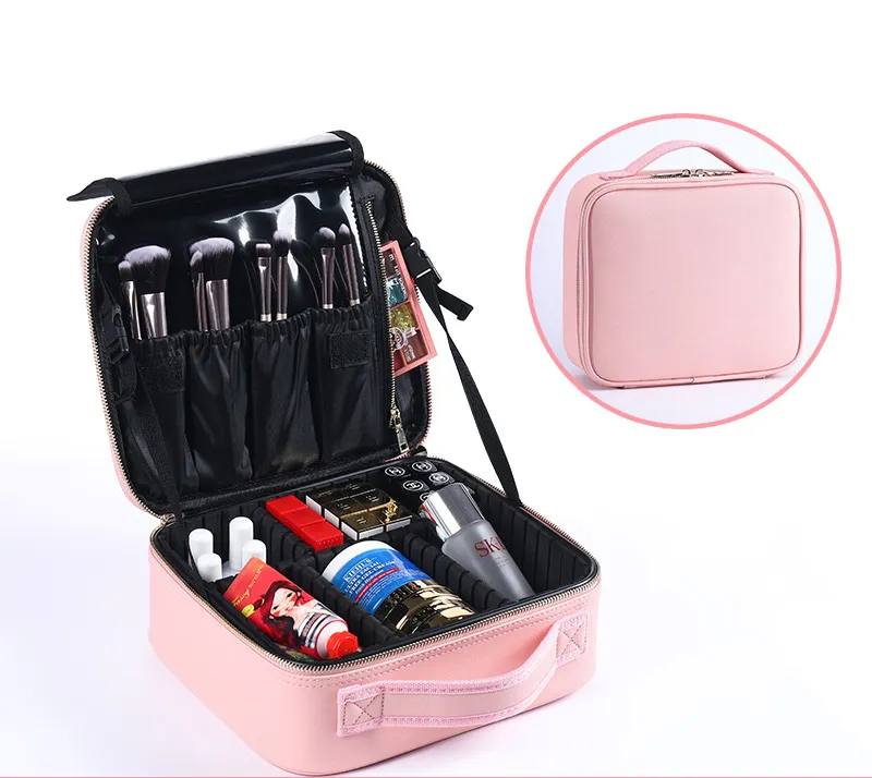 Large Capacity Travel Makeup Bag Professional Case With Adjustable Dividers Women PU Leather Makeup Accessories Organizer