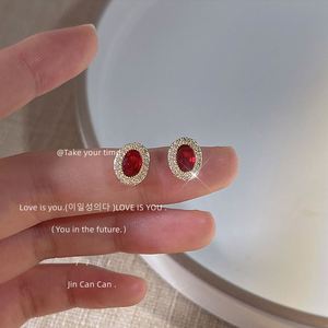 Light Luxury Brass Shiny Oval Red Zircon <b>Stud</b> <b>Earrings</b> S925 Silver Needle 14K Gold Tiny Zircon <b>Earrings</b> for Women - Product Image 6