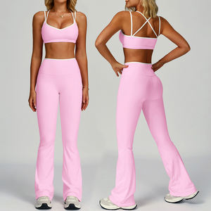 Tuta sportiva Casual estiva D-TZ9238-3 da <span class=keywords><strong>donna</strong></span> con motivo solido reggiseno a contrasto pantaloni a campana per <span class=keywords><strong>abbigliamento</strong></span> Yoga da corsa all'aperto - Product Image 2