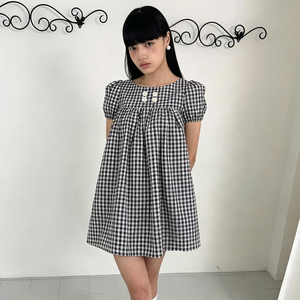 Vestido Mini Casual de Verano para Niñas, con Estampado Digital a Cuadros, Cuello Alto, Cintura Alta, Corte en A, Manga Corta, Ecológico y Bonito - Product Image 3
