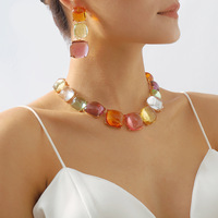 Collier et boucles d'oreilles géométriques carrés en acrylique multicolores tendance pour femme, couleurs bonbon estivales