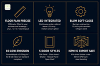 Cuisine complète sur mesure, armoires gris beige sans poignées, aluminium noir, LED, fermeture douce, plan de travail en marbre, ISPM-15, export, usine OEM