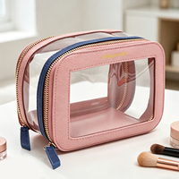 Sac cosmétique transparent écologique approuvé pour les stades avec bordure en PU pour le maquillage et les soins de la peau, sac de toilette de voyage imperméable en PVC