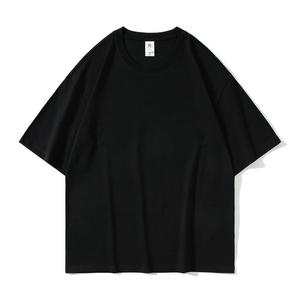 T-shirt en jersey de coton noir surdimensionné pour homme, manches courtes, col rond, coupe décontractée, couleur unie, tricoté, teint uni - Product Image 2