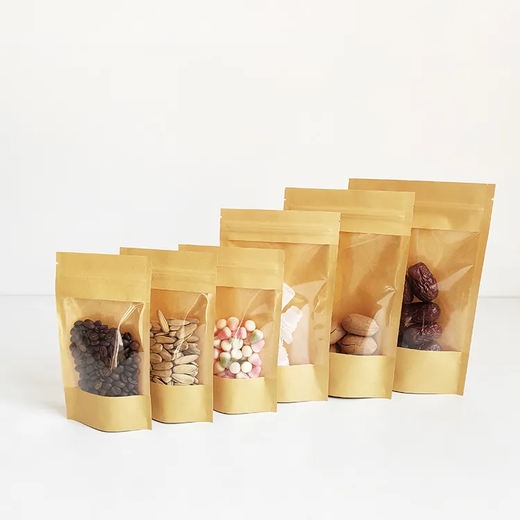 11x18.5cm New Products Food Packaging Brown Stand Up Pouch Reclosable Zip Lock Kraft Paper Bag with Extra Large Window