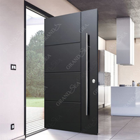 Porte d'entrée moderne de luxe en acier inoxydable, porte pivotante en bois massif noyer, finition brillante, double entrée en acier.