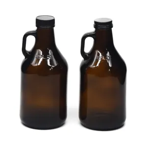 1L 32OZ 1/4 Galon 1000Ml Gelas Bir Amber Gelas Anggur Air Growlers dengan Tutup Plastik Hitam