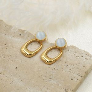 Geometric Drop Earrings Gold Cat's Eye Stone Bezel Setting Everyday Wear - Product Image 1