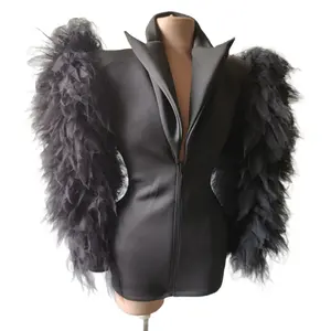 性感黑色拉链长袖褶边外套套装深v夹克舞者舞台表演紧身夹克女式俱乐部派对夹克