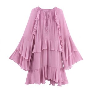 Ropa de Mujer, Nuevo Vestido Corto con Cuello de Lazo Francés y Mangas de Trompeta con Volantes para Otoño - Product Image 4