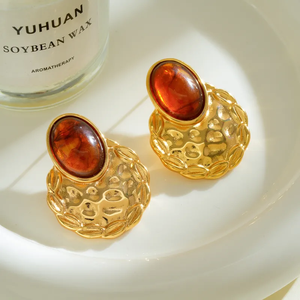 Boucles d'oreilles clous ovales en résine martelée, plaquées or 18 carats, en acier inoxydable 304, électroplaquées sous vide, style décontracté et simple pour femmes - Product Image 3