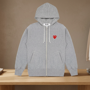 Sudadera con capucha y cremallera para hombre CDG Play, 100% algodón, forro de felpa francesa, bordado, efecto desgastado, tallas S M L XL 2XL, 500 g/m², color gris, hecho en Japón - Product Image 3