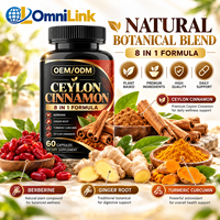 Fabricant de compléments alimentaires en marque blanche OEM ODM, formule 8 en 1 à base de cannelle de Ceylan, berbérine, gingembre et curcuma, 60 capsules