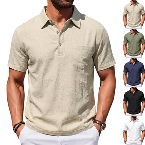 Polo en lin pour homme, col simple, couleur personnalisable, coupe ample, respirant, manches courtes, idéal pour la plage - Product Image 3
