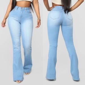 Prix d'usine – Jean évasé sexy taille haute bleu délavé très élastique pour femme - Product Image 5