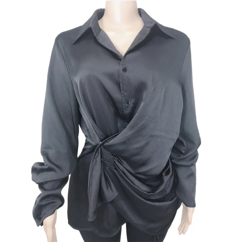Блузка с длинным рукавом, Гламурная элегантная женская блузка, легкая ткань, асимметричная планка, блестящая, из полиэстера, тканая черная