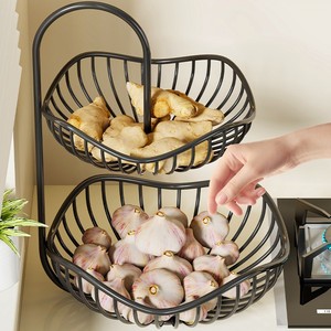 Panier de rangement métallique double couche pour cuisine, support à ail, gingembre et légumes, type sur pied, paniers en fil de fer noir - Product Image 1