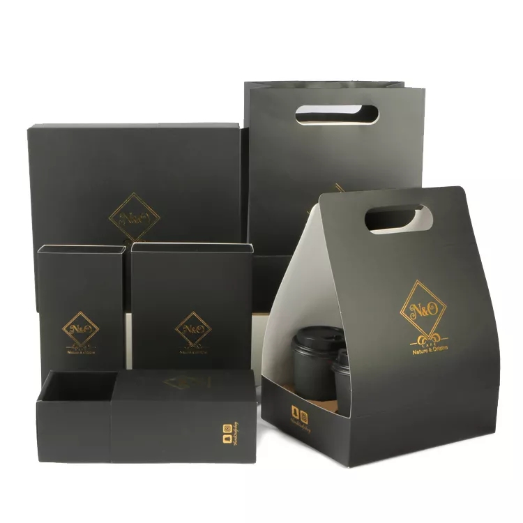 disposable custom logo hot stamping black die cut paper coffee takeaway bag