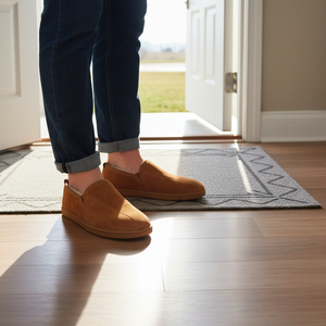 Chaussons en daim pour hommes avec doublure et semelle intérieure en fausse fourrure, couture latérale, semelle extérieure en TPR, chaussures chaudes d'intérieur et d'extérieur, vente en gros OEM ODM - Product Image 1