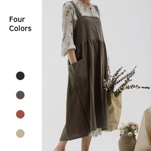 Tablier de cuisine coréen et japonais en coton et lin, couleur unie, avec ceinture, anti-salissures - Product Image 2
