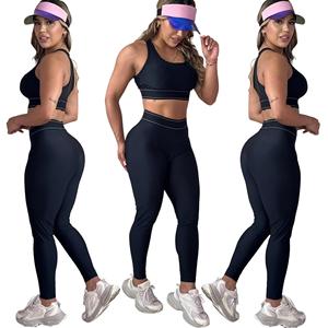 Yoga Set Women <b>Black</b> Spandex Crop Top Full Length <b>Leggings</b> Sleeveless Crisscross Straps Crew Neck Fitness Workout Wear - Product Image 5