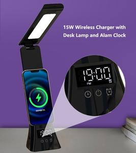 Lámpara de Escritorio LED con Cargador Inalámbrico, Reloj Despertador, 3 Colores, Luz de Escritorio Atenuable, Estación de Carga Rápida de 15W para Teléfonos iPhone - Product Image 1
