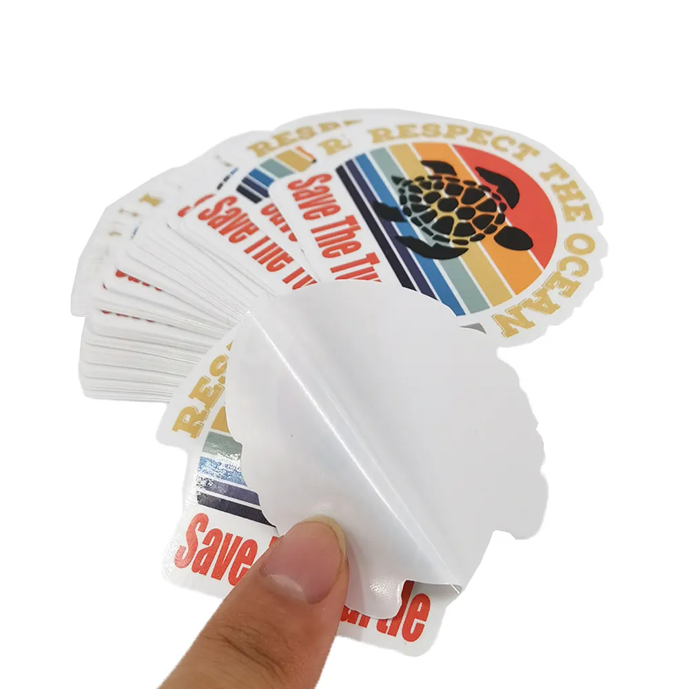 Cetak kustom membuat perekat berkilau desain Logo UV tahan air PVC vinil kemasan Die Cut tag stiker Label