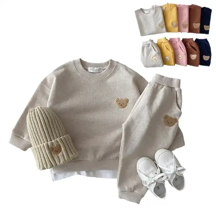Conjunto de ropa deportiva para niños, sudadera con bordado de oso y pantalones, traje de 2 piezas, chándal para niños y niñas, conjunto de ropa de 2 piezas