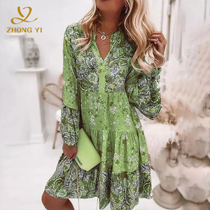 Robes Courtes Vintage Élégantes pour Femmes, Col en V, <span class=keywords><strong>Volants</strong></span>, Manches Longues, Motif Floral, Coupe Ample, Collection 2023 - Product Image 3
