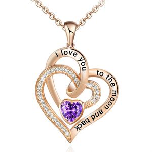 Fashion Gold Plated Heart Crystal Zircon Sparkling Women's Double Heart Birthstone <b>Charm</b> Pendant Necklace - Product Image 1