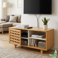 Meuble TV avec portes coulissantes à lattes, finition naturelle, pour salon d'appartement, avec trou pour câbles et étagère réglable, meuble de rangement multimédia
