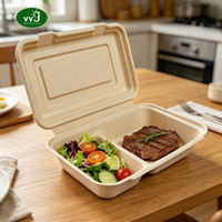 Boîte à lunch en papier naturel à 2 compartiments VVG, conteneur à charnière compostable jetable en stock pour repas bento