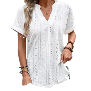 Camiseta Holgada de Verano para Mujer, Cuello en V, Color Sólido, Tejido Texturizado, Manga Corta, Transpirable - Product Image 1