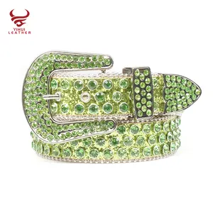 Shiny Crystal Studded Vrouwen Mannen Diamond Cowboy Western Riem Mode Groen Designer Strass Riem