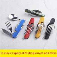 Ensemble multifonctionnel de couteau, fourchette, cuillère et baguettes pliables à 6 fonctions en acier inoxydable et aluminium, détachable, pour le camping et les activités de plein air