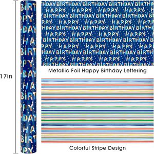 Papier cadeau d'anniversaire avec revêtement en aluminium coloré, inscription Joyeux Anniversaire, rayures colorées pour garçon, personnalisable - Product Image 2