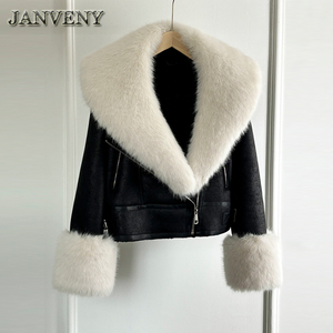 JANVENY 2024 inverno grande cappotto in pelliccia di volpe sintetica con pelliccia di montone da <span class=keywords><strong>donna</strong></span> in pelliccia di agnello con polsino giacca corta in pelle sintetica - Product Image 5