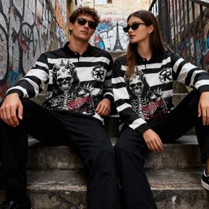Nouvelle Arrivée Fournisseur Streetwear : Polo Homme Rayé à Manches Longues, Imprimé Numérique Crâne Halloween Personnalisé, Épaules Tombantes - Product Image 3