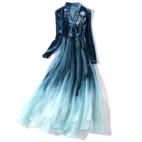 2019 Herfst V-hals Vlinder Bloem Borduren Tummy Controle Fluwelen Patchwork Zijden Organza Vrouwen Avondjurk