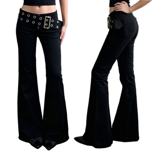 Jean évasé taille basse en denim délavé foncé, respirant et écologique, avec ceinture boutonnée, style streetwear - Product Image 1