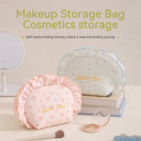 Pochette cosmétique en coton pour femmes, trousse de maquillage de voyage, imprimé floral en dentelle de feuille de lotus, fermeture éclair à volants, trousse de toilette pour usage quotidien